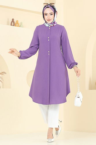 moda selvim Aksesuar Düğme Detaylı Tunik 2002ERK1158 Lila - Thumbnail