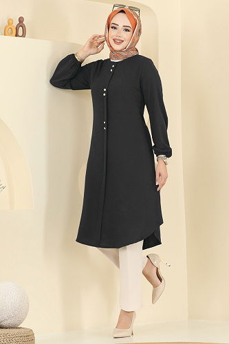 moda selvim Aksesuar Düğme Detaylı Tunik 2002ERK1158 Siyah - Thumbnail