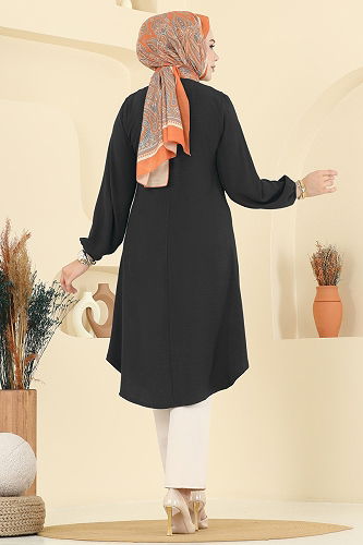 moda selvim Aksesuar Düğme Detaylı Tunik 2002ERK1158 Siyah - Thumbnail