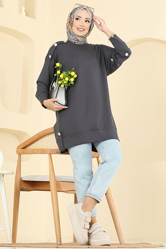 moda selvim Aksesuar Düğme Detaylı Tunik 2727AYD574 Antrasit - Thumbnail