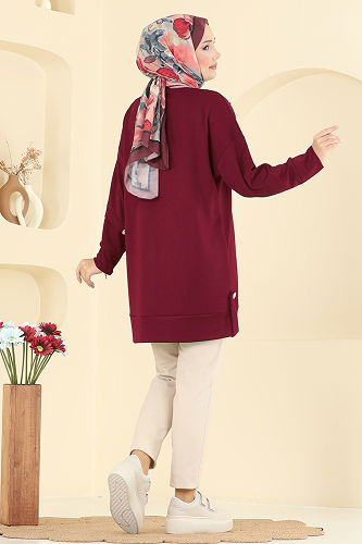 moda selvim Aksesuar Düğme Detaylı Tunik 2727AYD574 Bordo - Thumbnail