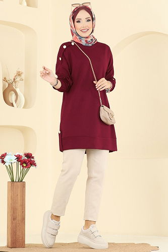 moda selvim Aksesuar Düğme Detaylı Tunik 2727AYD574 Bordo - Thumbnail
