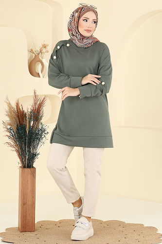 moda selvim Aksesuar Düğme Detaylı Tunik 2727AYD574 Haki - Thumbnail