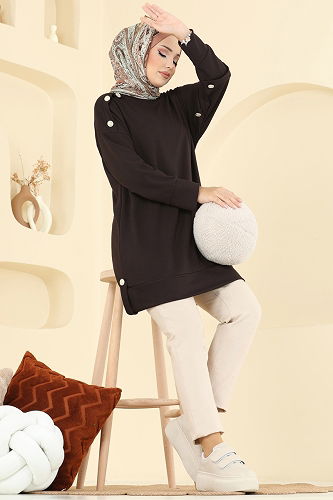 moda selvim Aksesuar Düğme Detaylı Tunik 2727AYD574 Kahve - Thumbnail