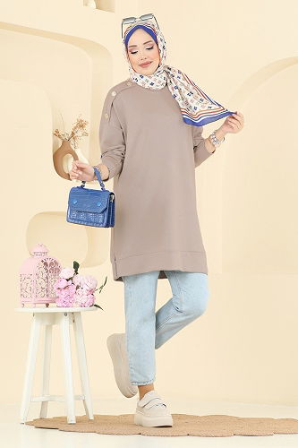 moda selvim Aksesuar Düğme Detaylı Tunik 2727AYD574 Taş - Thumbnail