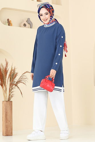 moda selvim Aksesuar Düğmeli Aerobin Takım 2623SL432 İndigo&Ekru - Thumbnail