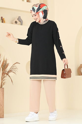 moda selvim Aksesuar Düğmeli Aerobin Takım 2623SL432 Siyah&Vizyon - Thumbnail