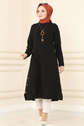 moda selvim Aksesuar Düğmeli Aerobin Tunik 850S324 Siyah - Thumbnail