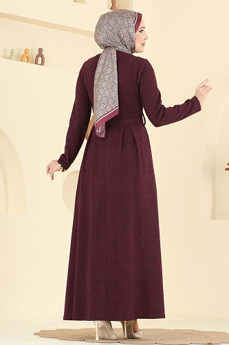 moda selvim Aksesuar Düğmeli Balıksırtı Elbise 24016UKB139 Bordo - Thumbnail