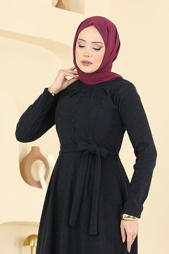 moda selvim Aksesuar Düğmeli Balıksırtı Elbise 24016UKB139 Siyah - Thumbnail