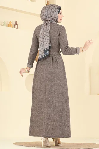 moda selvim Aksesuar Düğmeli Balıksırtı Elbise 24016UKB139 Vizyon - Thumbnail