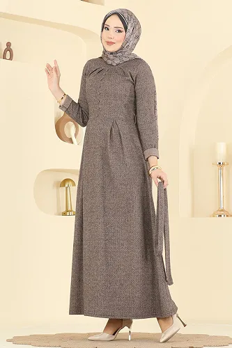 moda selvim Aksesuar Düğmeli Balıksırtı Elbise 24016UKB139 Vizyon - Thumbnail