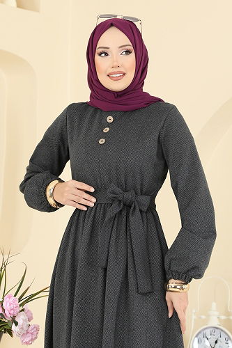 moda selvim Aksesuar Düğmeli Balıksırtı Elbise 4133PM271 Antrasit - Thumbnail