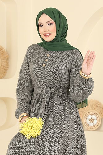 moda selvim Aksesuar Düğmeli Balıksırtı Elbise 4133PM271 Vizyon - Thumbnail