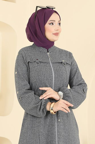 moda selvim Aksesuar Düğmeli Balıksırtı Ferace 24013UKB139 Gri - Thumbnail