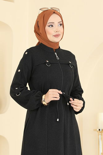 moda selvim Aksesuar Düğmeli Balıksırtı Ferace 24013UKB139 Siyah - Thumbnail