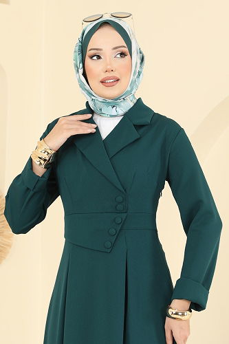 moda selvim Aksesuar Düğmeli Dabıl Elbise 2746SL432 Petrol - Thumbnail