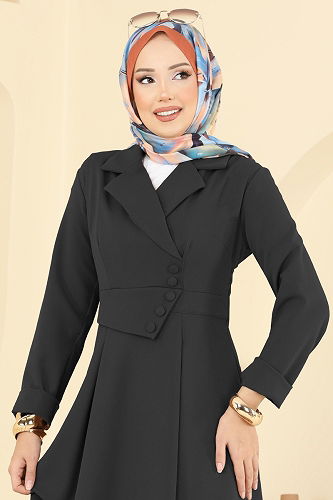 moda selvim Aksesuar Düğmeli Dabıl Elbise 2746SL432 Siyah - Thumbnail
