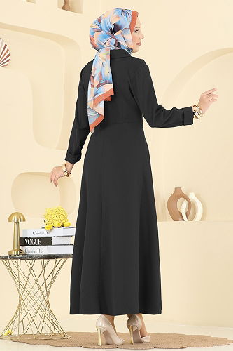 moda selvim Aksesuar Düğmeli Dabıl Elbise 2746SL432 Siyah - Thumbnail