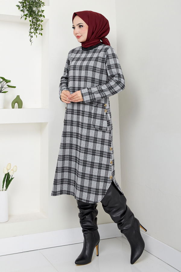 Modaselvim SEPETTE NET %20+%20 İNDİRİM Aksesuar Düğmeli Ekose Tunik 2004BRZ981-M Gri