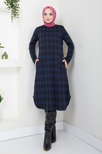 moda selvim Aksesuar Düğmeli Ekose Tunik 2004BRZ981-M Laci - Thumbnail