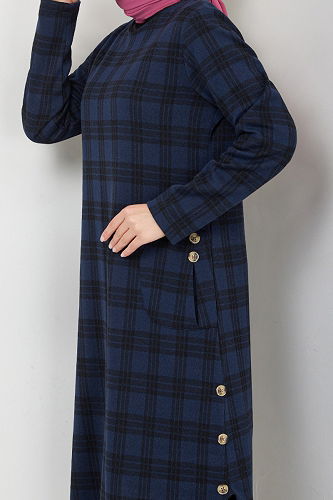 moda selvim Aksesuar Düğmeli Ekose Tunik 2004BRZ981-M Laci - Thumbnail