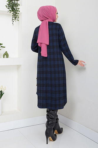 moda selvim Aksesuar Düğmeli Ekose Tunik 2004BRZ981-M Laci - Thumbnail