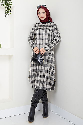 moda selvim Aksesuar Düğmeli Ekose Tunik 2004BRZ981-M Vizyon - Thumbnail