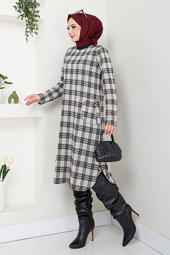 moda selvim Aksesuar Düğmeli Ekose Tunik 2004BRZ981-M Vizyon - Thumbnail