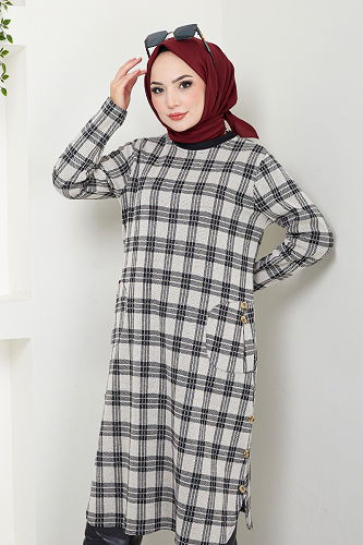 moda selvim Aksesuar Düğmeli Ekose Tunik 2004BRZ981-M Vizyon - Thumbnail