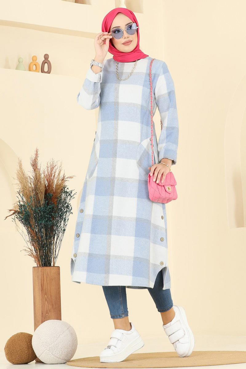 Aksesuar Düğmeli Ekose Tunik 6899S324 Bebe Mavi