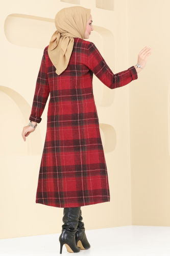 moda selvim Aksesuar Düğmeli Ekose Tunik 6899S324 Bordo - Thumbnail