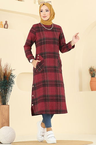 moda selvim Aksesuar Düğmeli Ekose Tunik 6899S324 Bordo - Thumbnail