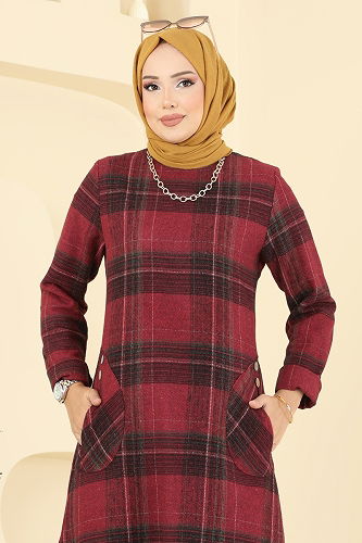 moda selvim Aksesuar Düğmeli Ekose Tunik 6899S324 Bordo - Thumbnail