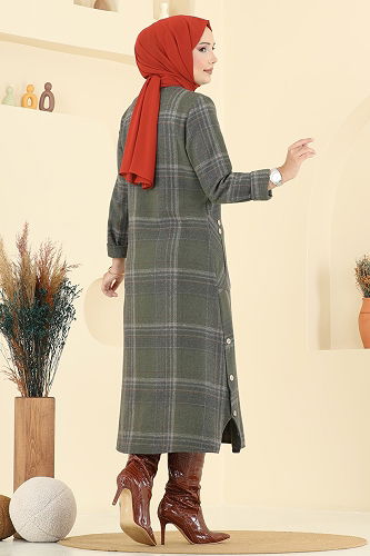 moda selvim Aksesuar Düğmeli Ekose Tunik 6899S324 Haki - Thumbnail
