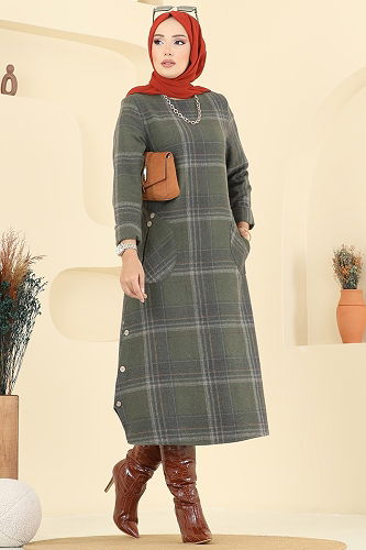 moda selvim Aksesuar Düğmeli Ekose Tunik 6899S324 Haki - Thumbnail