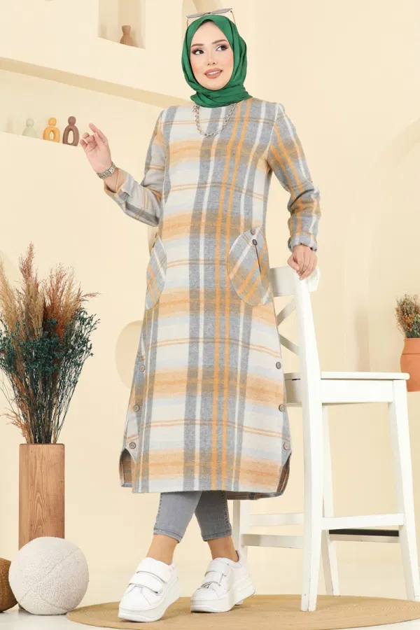 Modaselvim SEPETTE NET %20+%20 İNDİRİM Aksesuar Düğmeli Ekose Tunik 6899S324 Hardal