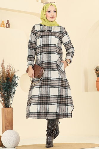 moda selvim Aksesuar Düğmeli Ekose Tunik 6899S324 Kahve - Thumbnail