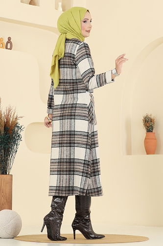 moda selvim Aksesuar Düğmeli Ekose Tunik 6899S324 Kahve - Thumbnail