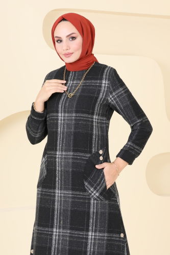 moda selvim Aksesuar Düğmeli Ekose Tunik 6899S324 Siyah - Thumbnail