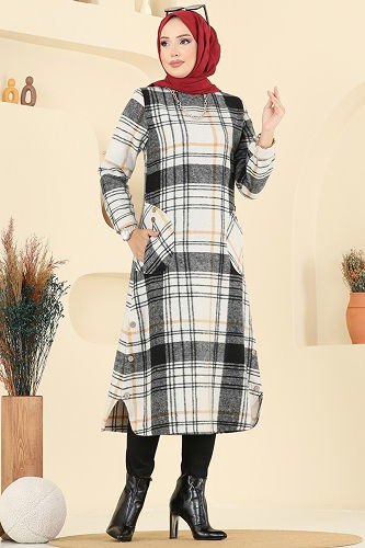 moda selvim Aksesuar Düğmeli Ekose Tunik 6899S324 Siyah - Thumbnail