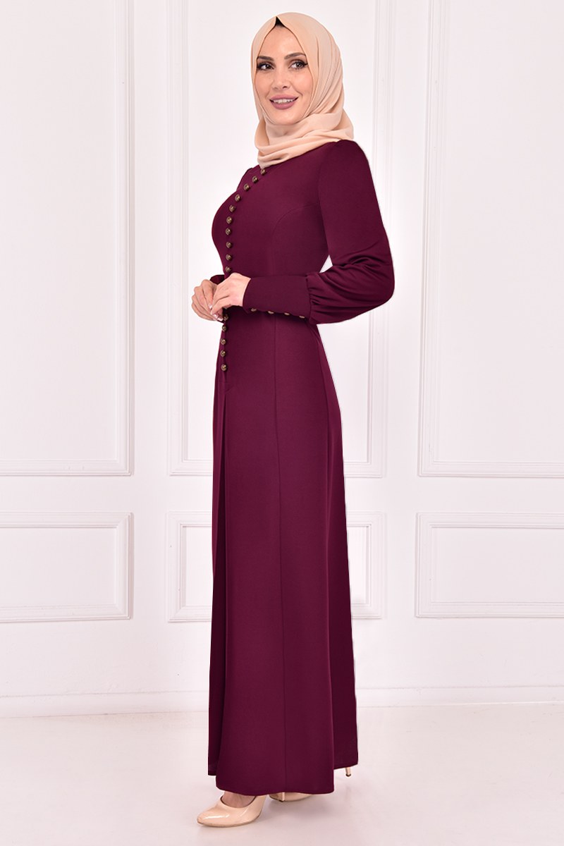 Aksesuar Düğmeli Elbise ASM21510-M Bordo