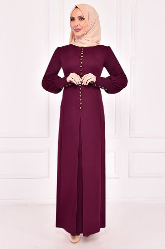 moda selvim Aksesuar Düğmeli Elbise ASM21510-M Bordo - Thumbnail