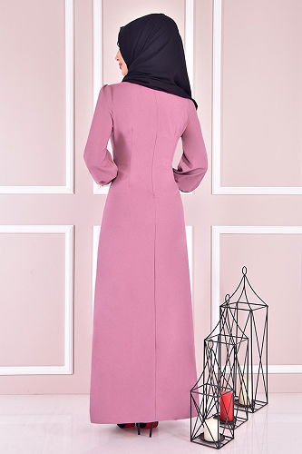 moda selvim Aksesuar Düğmeli Elbise ASM21510-M Gül Kurusu - Thumbnail