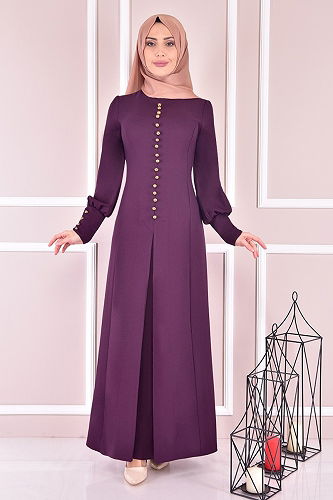 moda selvim Aksesuar Düğmeli Elbise ASM21510-M Mürdüm - Thumbnail