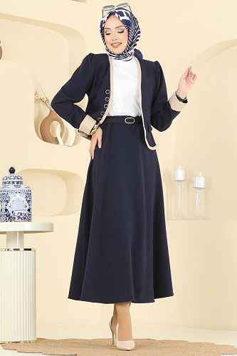 moda selvim Aksesuar Düğmeli Etekli Takım 7452MP806 Laci - Thumbnail