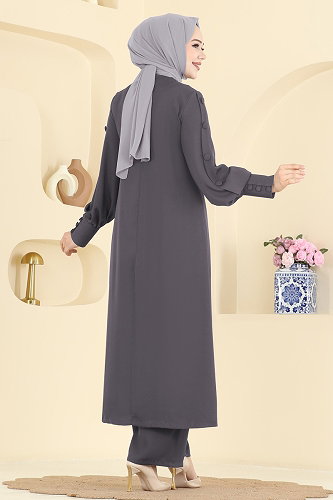 moda selvim Aksesuar Düğmeli İthal Krep Takım 8217AB368 Antrasit - Thumbnail