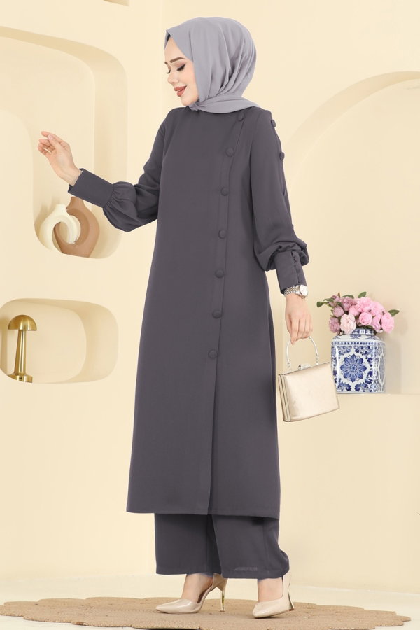 Modaselvim Kombin Aksesuar Düğmeli İthal Krep Takım 8217AB368 Antrasit