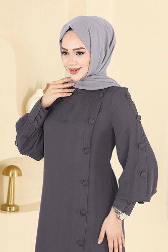 moda selvim Aksesuar Düğmeli İthal Krep Takım 8217AB368 Antrasit - Thumbnail