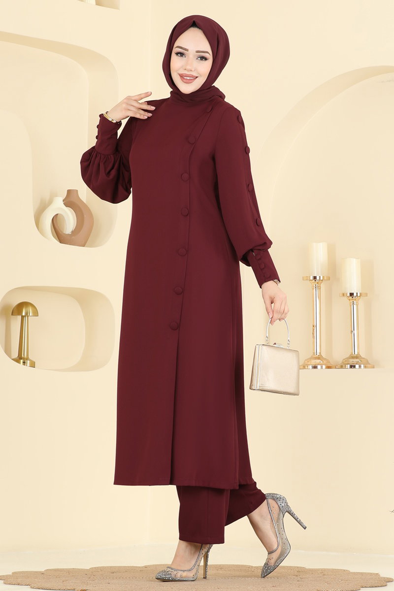 Aksesuar Düğmeli İthal Krep Takım 8217AB368 Bordo